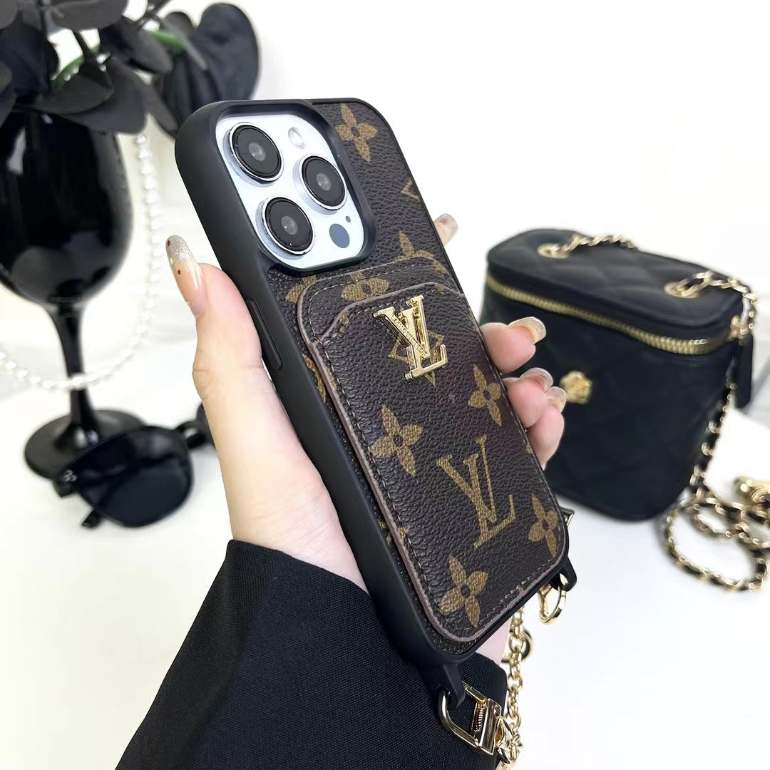 Elegant Stylish LV iPhone Cases with Hand Grip and Wallet Card Holder.