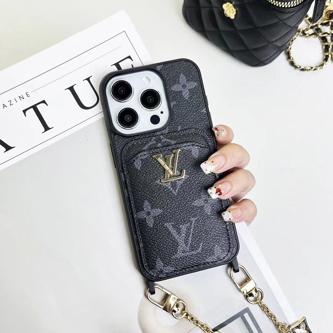 Elegant Stylish LV iPhone Cases with Hand Grip and Wallet Card Holder.