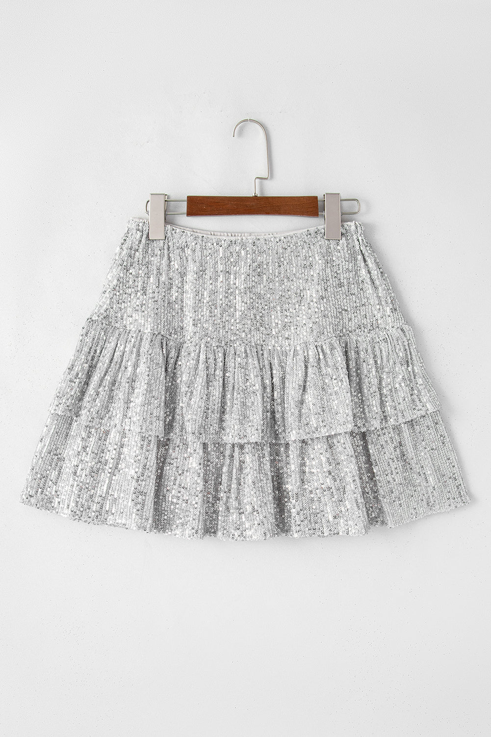 Silvery Sequin Tiered Ruffles Mini Skirt