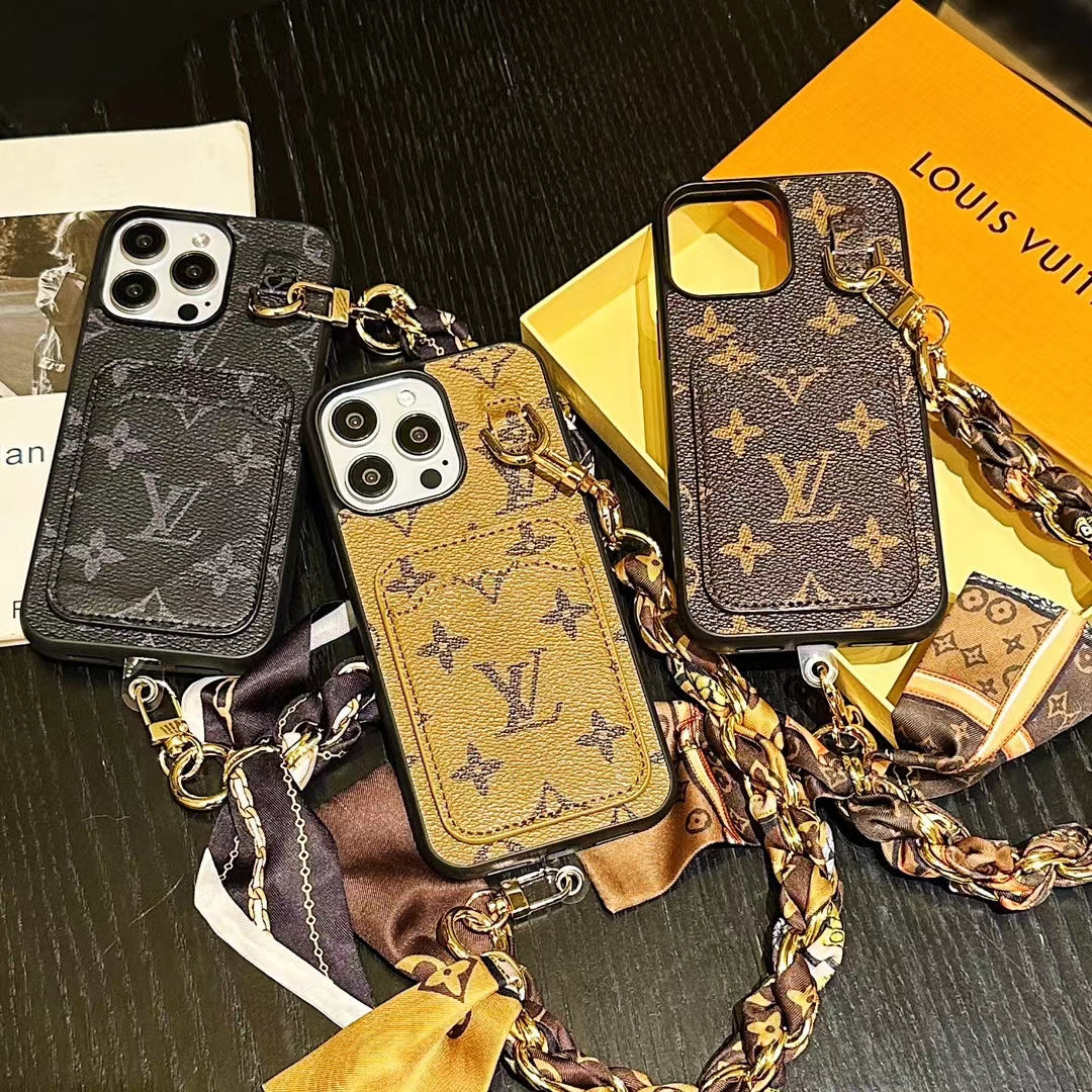 Luxurious LV Phone Case with Card Holder and Hand Chain in Classic Monogram Design