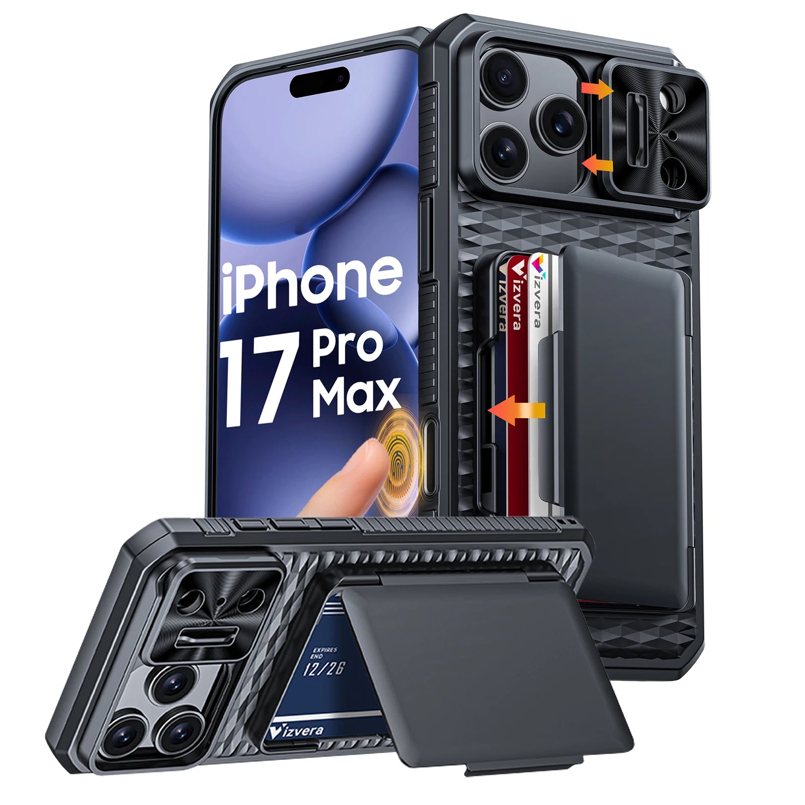 With Card Holder Sliding Camera Cover And Stand For iPhone 17 Pro/17 Pro Max Phone Case, Anti-Fall PC+TPU Wallet Case-Orange