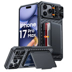 With Card Holder Sliding Camera Cover And Stand For iPhone 17 Pro/17 Pro Max Phone Case, Anti-Fall PC+TPU Wallet Case-Orange