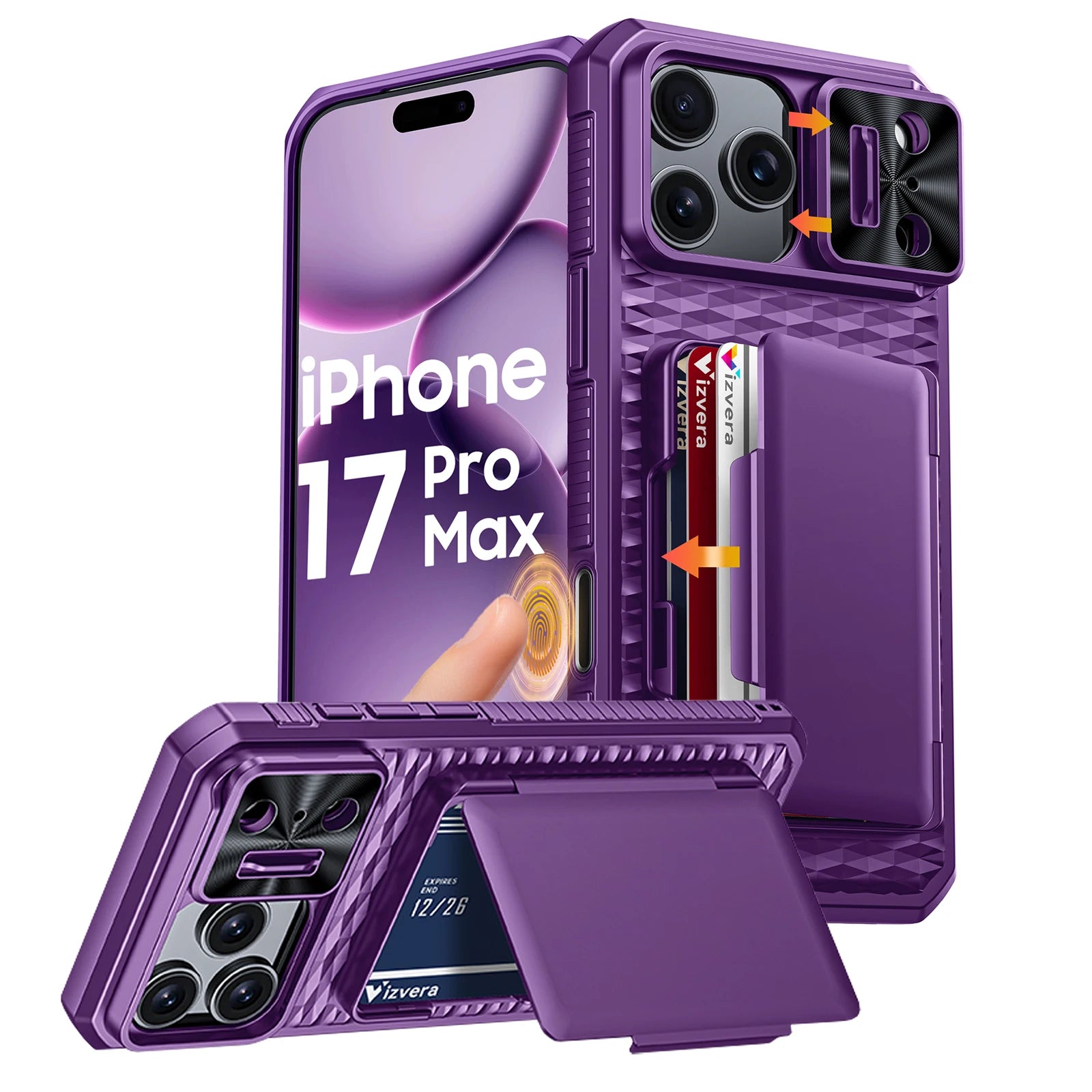 With Card Holder Sliding Camera Cover And Stand For iPhone 17 Pro/17 Pro Max Phone Case, Anti-Fall PC+TPU Wallet Case-Orange