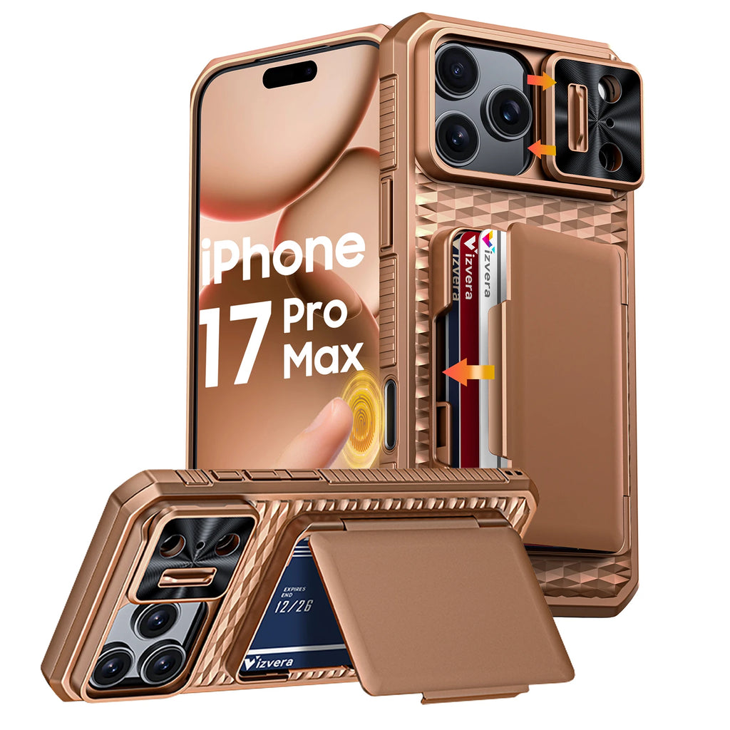 With Card Holder Sliding Camera Cover And Stand For iPhone 17 Pro/17 Pro Max Phone Case, Anti-Fall PC+TPU Wallet Case-Orange