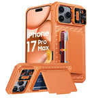 With Card Holder Sliding Camera Cover And Stand For iPhone 17 Pro/17 Pro Max Phone Case, Anti-Fall PC+TPU Wallet Case-Orange