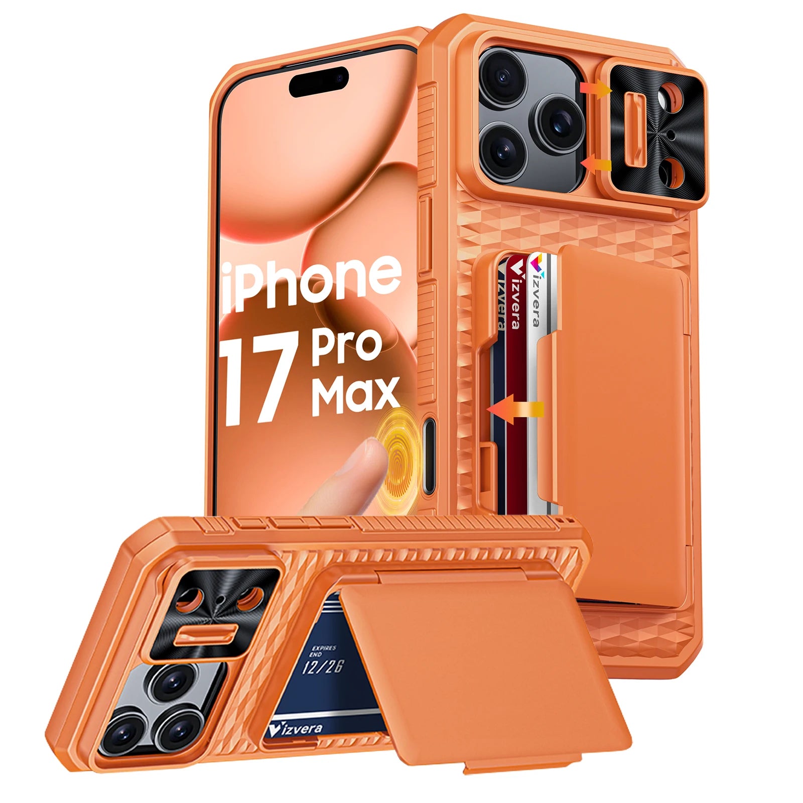 With Card Holder Sliding Camera Cover And Stand For iPhone 17 Pro/17 Pro Max Phone Case, Anti-Fall PC+TPU Wallet Case-Orange