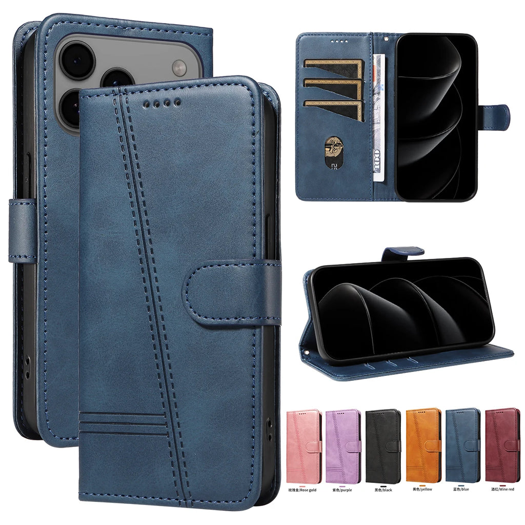 Line Leather Case For iPhone 17 16 15 14 13 12 11 Pro Max Plus Mini Air Phone Case Flip Wallet Card Slot Stand Phone Book Cover
