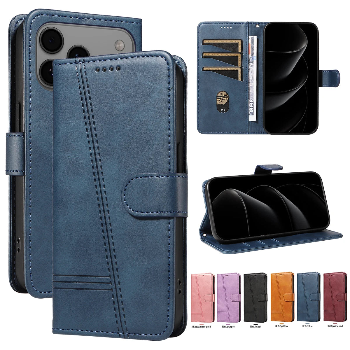 Line Leather Case For iPhone 17 16 15 14 13 12 11 Pro Max Plus Mini Air Phone Case Flip Wallet Card Slot Stand Phone Book Cover