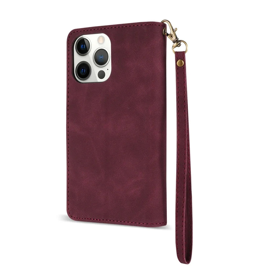 Wallet Multi-card Zipper Kickstand Magnetic Flip Leather Case For iPhone 15 Pro Max 14 Plus 13 Mini 12 11 XS XR SE 2022 8 7 6 6s