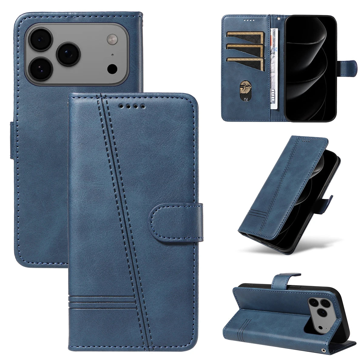Line Leather Case For iPhone 17 16 15 14 13 12 11 Pro Max Plus Mini Air Phone Case Flip Wallet Card Slot Stand Phone Book Cover