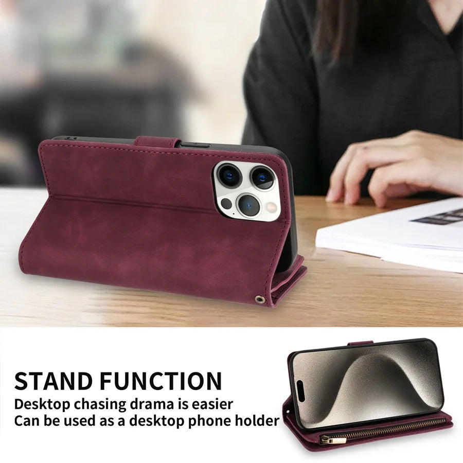 Wallet Multi-card Zipper Kickstand Magnetic Flip Leather Case For iPhone 15 Pro Max 14 Plus 13 Mini 12 11 XS XR SE 2022 8 7 6 6s