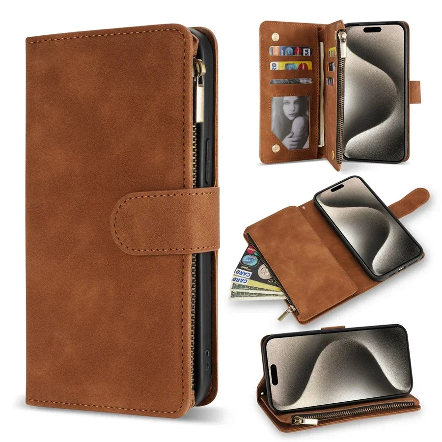 Wallet Multi-card Zipper Kickstand Magnetic Flip Leather Case For iPhone 16 Pro Max 15 Plus 14 13 Mini 12 11 SE 2 X XS XR 8 7 6s