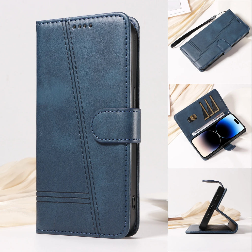 Line Leather Case For iPhone 17 16 15 14 13 12 11 Pro Max Plus Mini Air Phone Case Flip Wallet Card Slot Stand Phone Book Cover