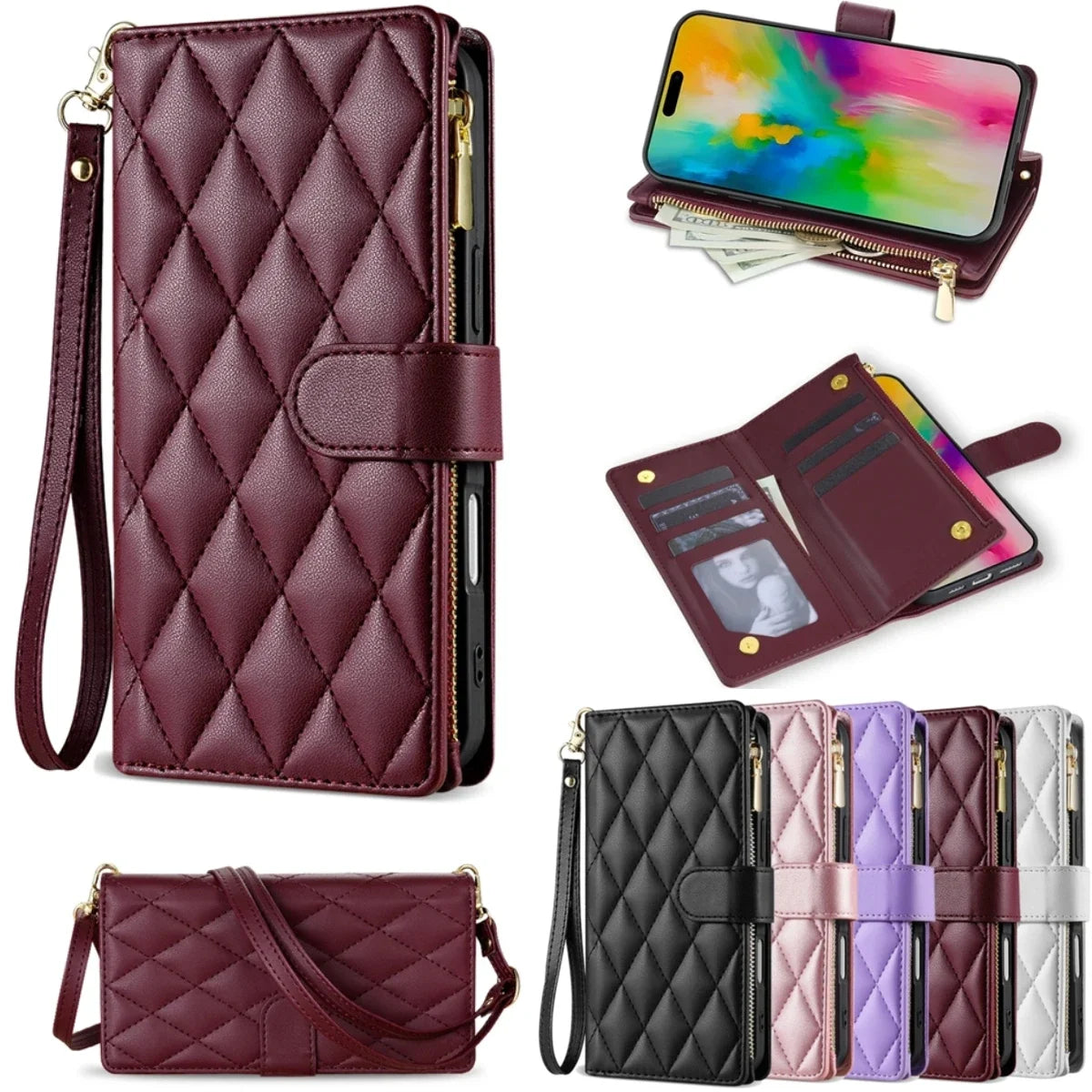 Crossbody Leather Case For Samsung Galaxy S26 S25 Edge S24 S23 Ultra S22 S21 FE Plus A17 A16 A36 A53 Zipper Card Wallet Cover