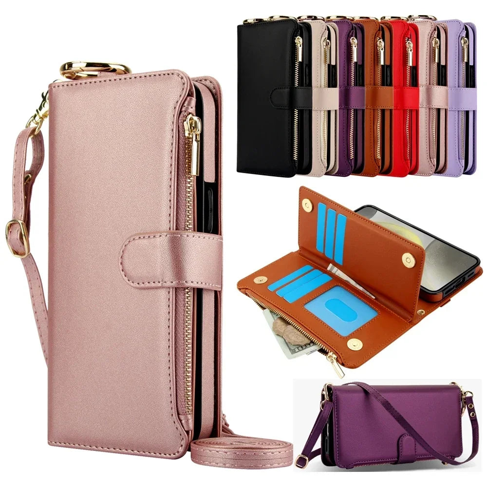 Ring Lanyard Zipper Leather Wallet Case for Samsung Galaxy A55 A15 A54 A14 A53 S25 Ultra Edge S21 S22 S23 S24 Fe Plus A16 Cover