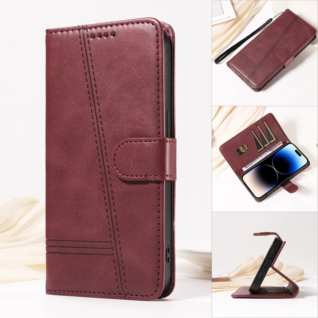 Line Leather Case For iPhone 17 16 15 14 13 12 11 Pro Max Plus Mini Air Phone Case Flip Wallet Card Slot Stand Phone Book Cover