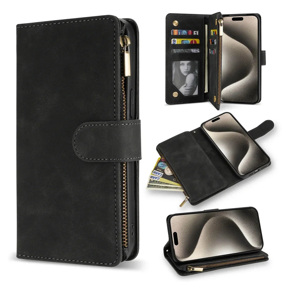 Wallet Multi-card Zipper Kickstand Magnetic Flip Leather Case For iPhone 15 Pro Max 14 Plus 13 Mini 12 11 XS XR SE 2022 8 7 6 6s