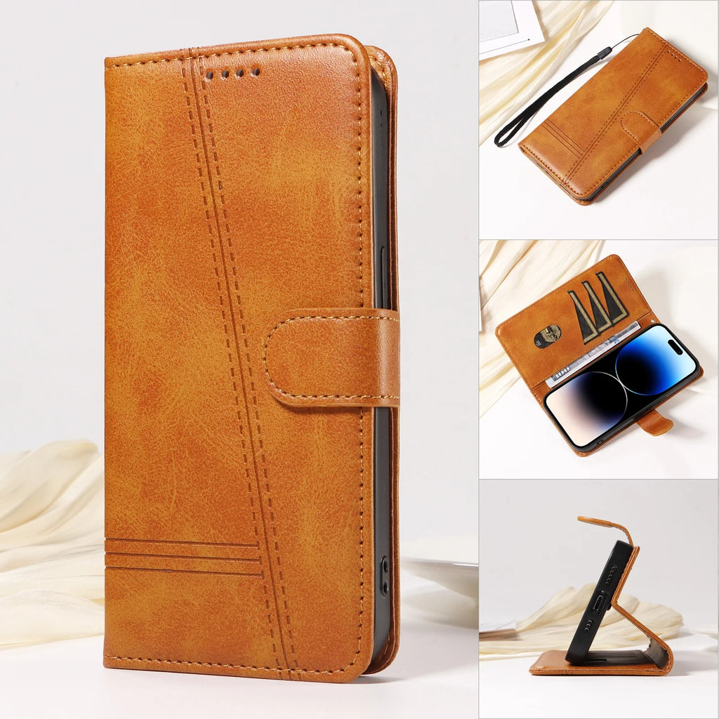 Line Leather Case For iPhone 17 16 15 14 13 12 11 Pro Max Plus Mini Air Phone Case Flip Wallet Card Slot Stand Phone Book Cover