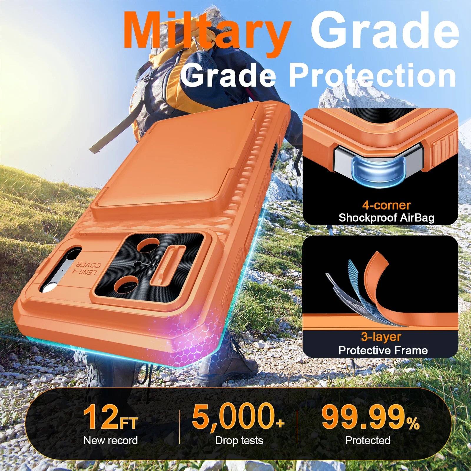 With Card Holder Sliding Camera Cover And Stand For iPhone 17 Pro/17 Pro Max Phone Case, Anti-Fall PC+TPU Wallet Case-Orange