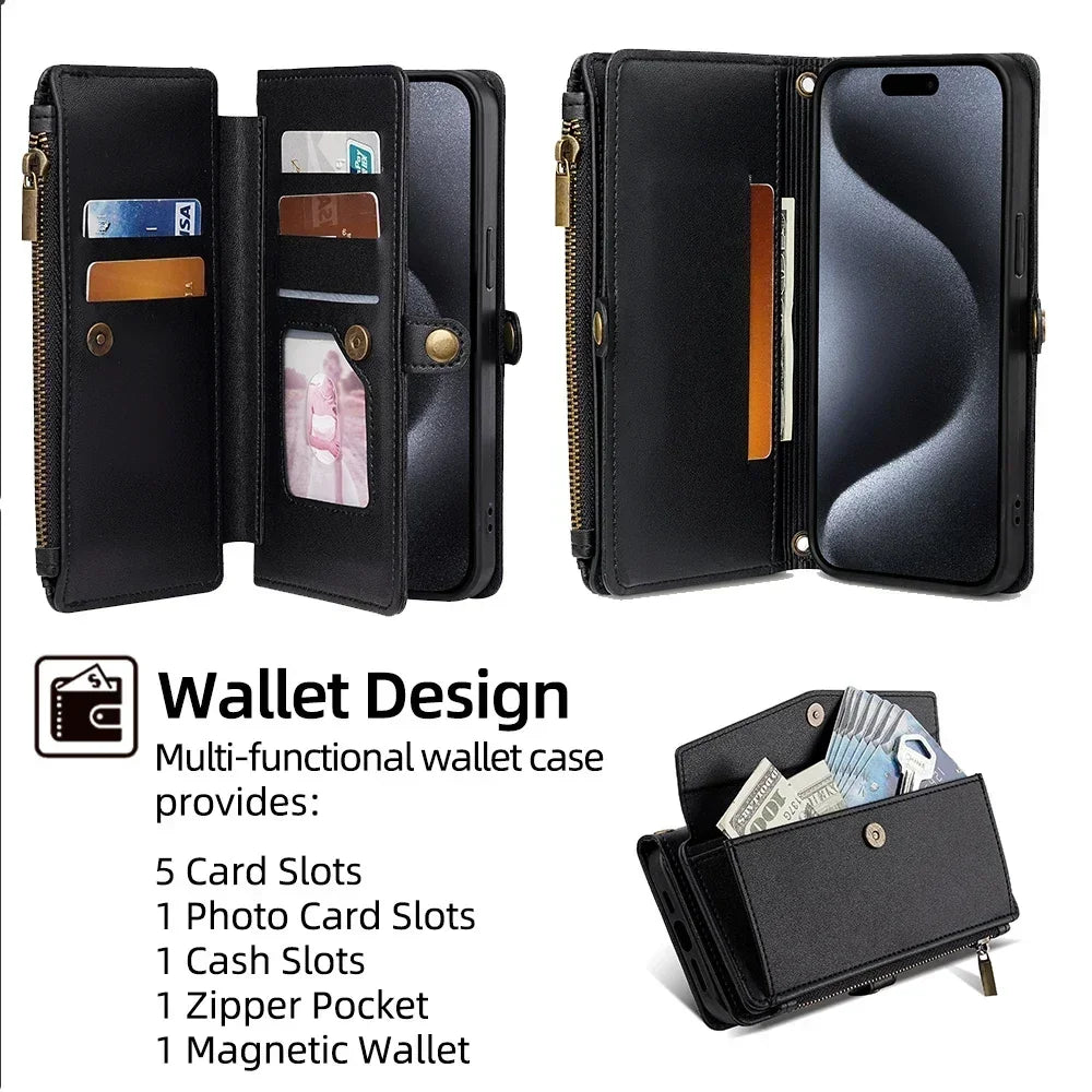 Zipper PU Leather Wallet Book Cover Phone Cases for iPhone 16 16E 17 Air Pro Plus Max Flip Cover Multifunksionele berging Bags