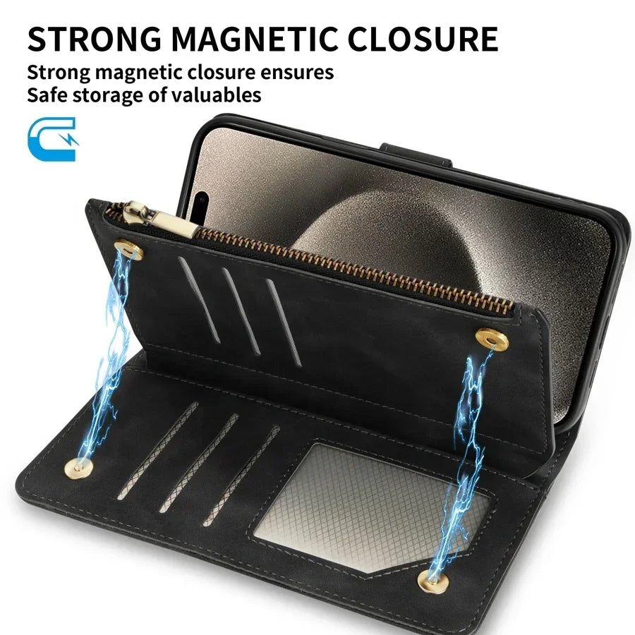 Wallet Multi-card Zipper Kickstand Magnetic Flip Leather Case For iPhone 16 Pro Max 15 Plus 14 13 Mini 12 11 SE 2 X XS XR 8 7 6s