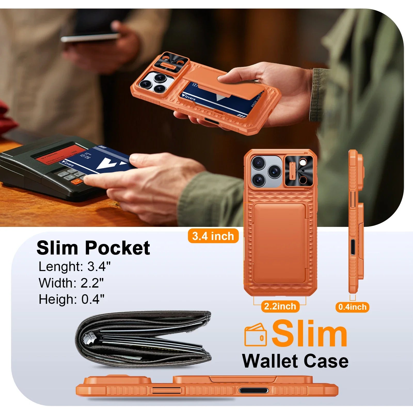 With Card Holder Sliding Camera Cover And Stand For iPhone 17 Pro/17 Pro Max Phone Case, Anti-Fall PC+TPU Wallet Case-Orange