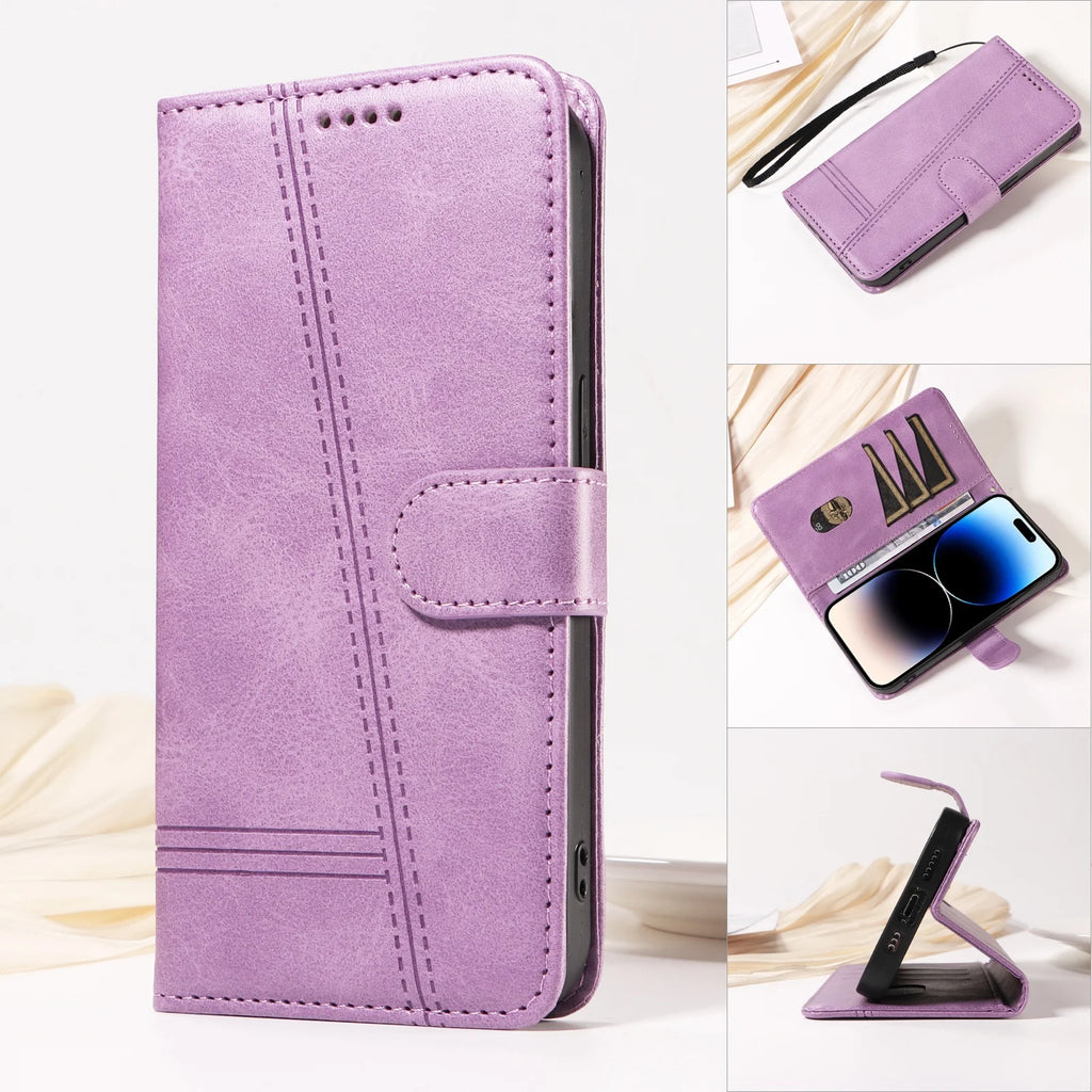 Line Leather Case For iPhone 17 16 15 14 13 12 11 Pro Max Plus Mini Air Phone Case Flip Wallet Card Slot Stand Phone Book Cover