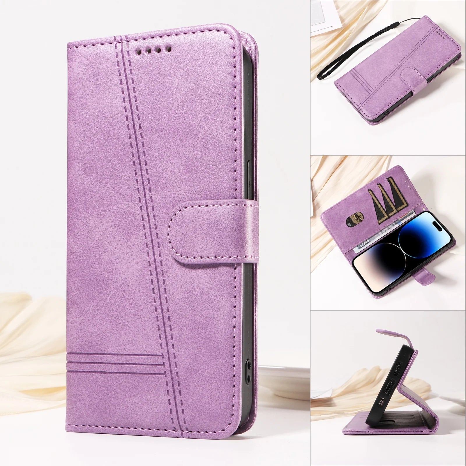 Line Leather Case For iPhone 17 16 15 14 13 12 11 Pro Max Plus Mini Air Phone Case Flip Wallet Card Slot Stand Phone Book Cover