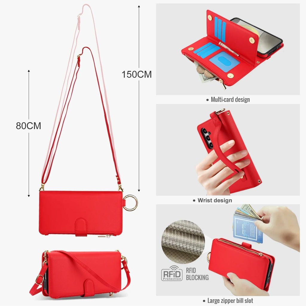 Ring Lanyard Zipper Leather Wallet Case for Samsung Galaxy A55 A15 A54 A14 A53 S25 Ultra Edge S21 S22 S23 S24 Fe Plus A16 Cover