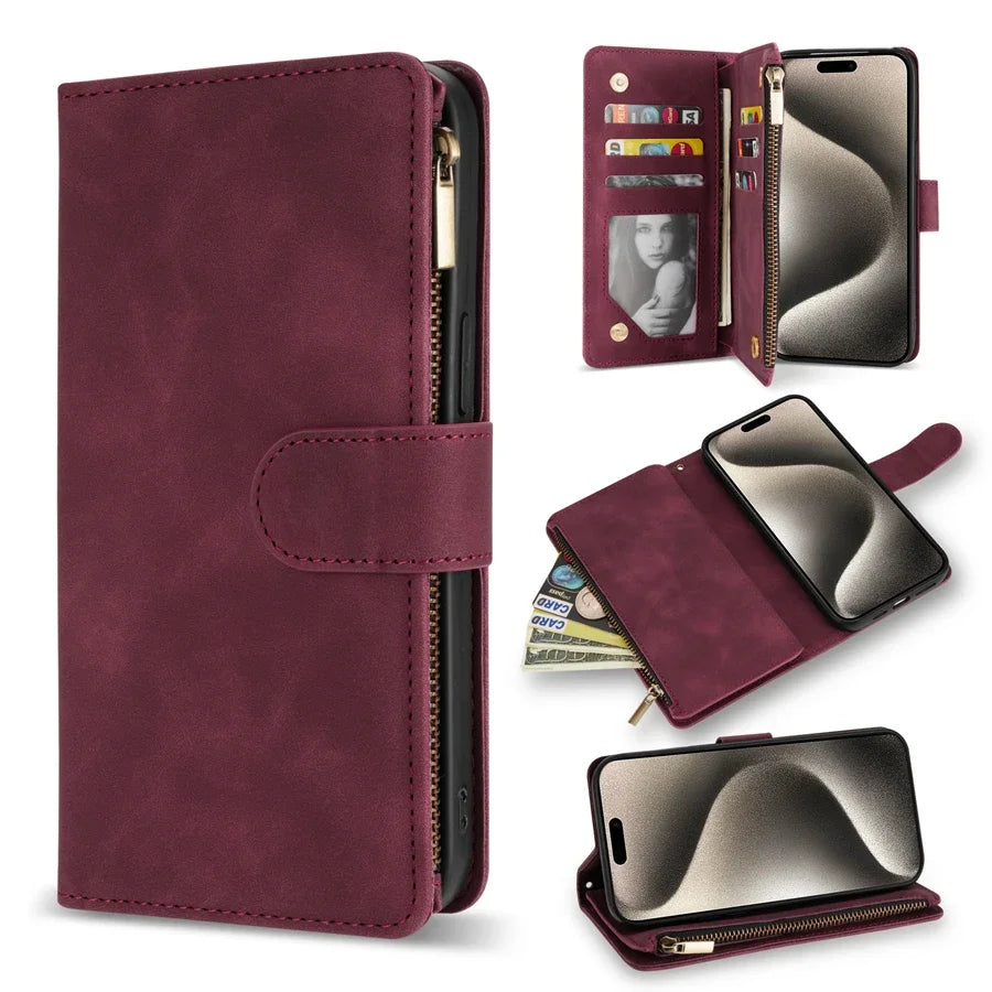 Wallet Multi-card Zipper Kickstand Magnetic Flip Leather Case For iPhone 15 Pro Max 14 Plus 13 Mini 12 11 XS XR SE 2022 8 7 6 6s