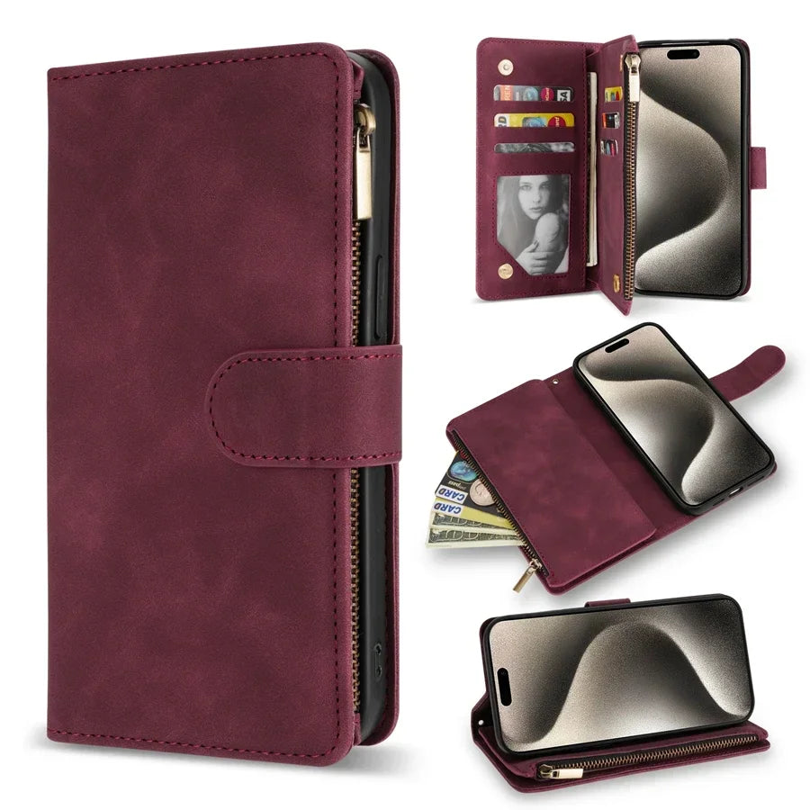 Wallet Multi-card Zipper Kickstand Magnetic Flip Leather Case For iPhone 16 Pro Max 15 Plus 14 13 Mini 12 11 SE 2 X XS XR 8 7 6s