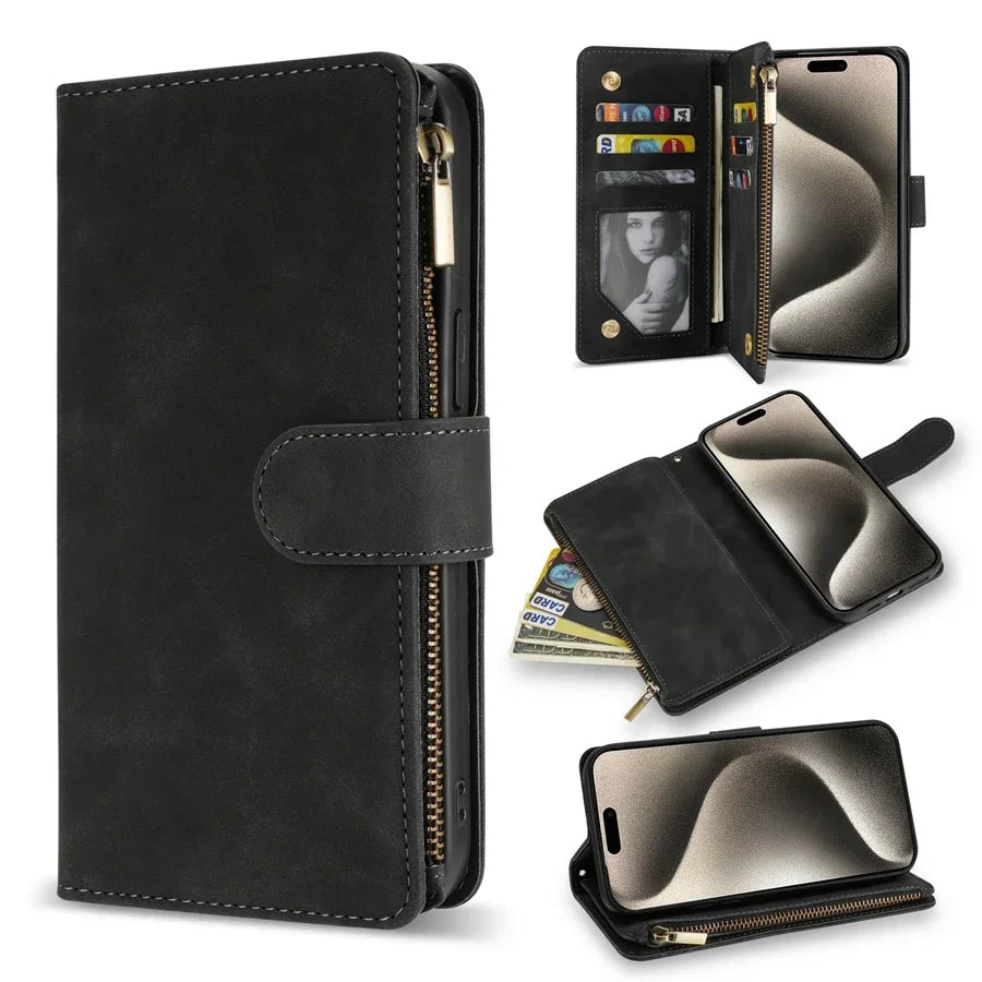 Wallet Multi-card Zipper Kickstand Magnetic Flip Leather Case For iPhone 16 Pro Max 15 Plus 14 13 Mini 12 11 SE 2 X XS XR 8 7 6s