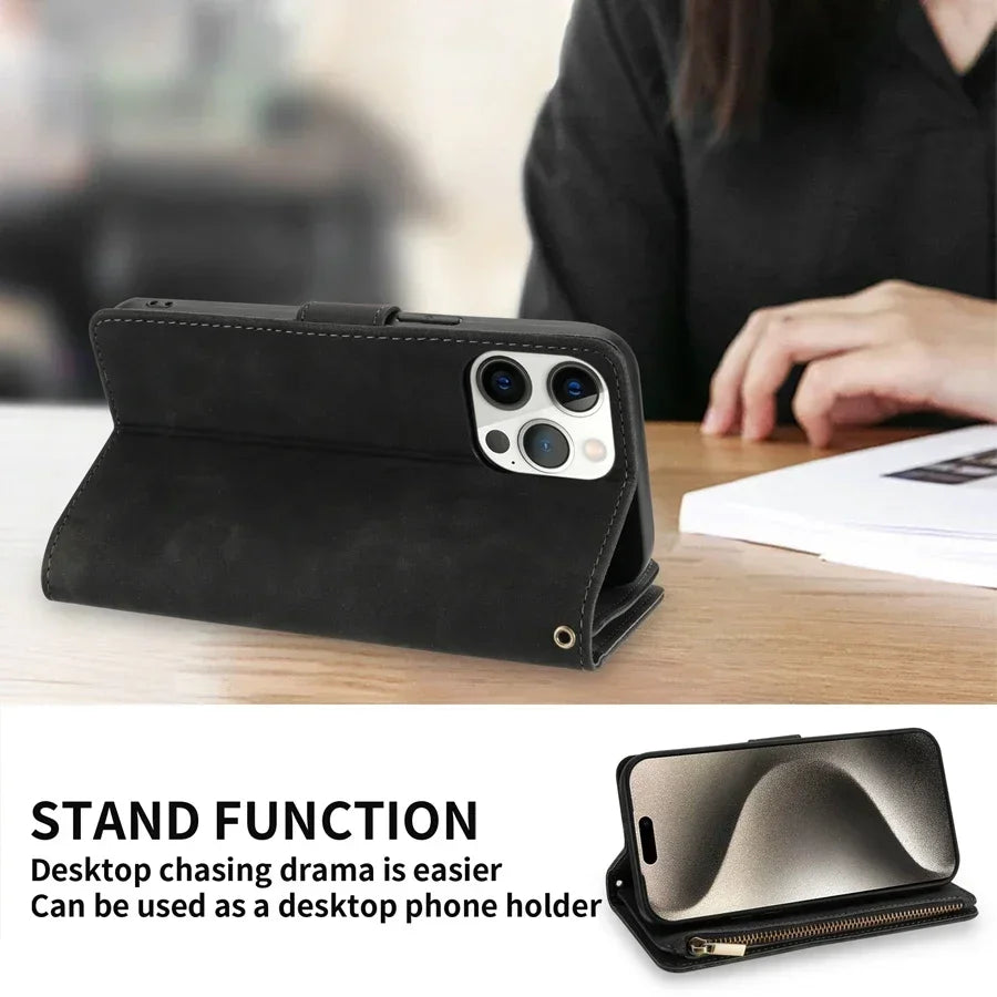 Wallet Multi-card Zipper Kickstand Magnetic Flip Leather Case For iPhone 16 Pro Max 15 Plus 14 13 Mini 12 11 SE 2 X XS XR 8 7 6s