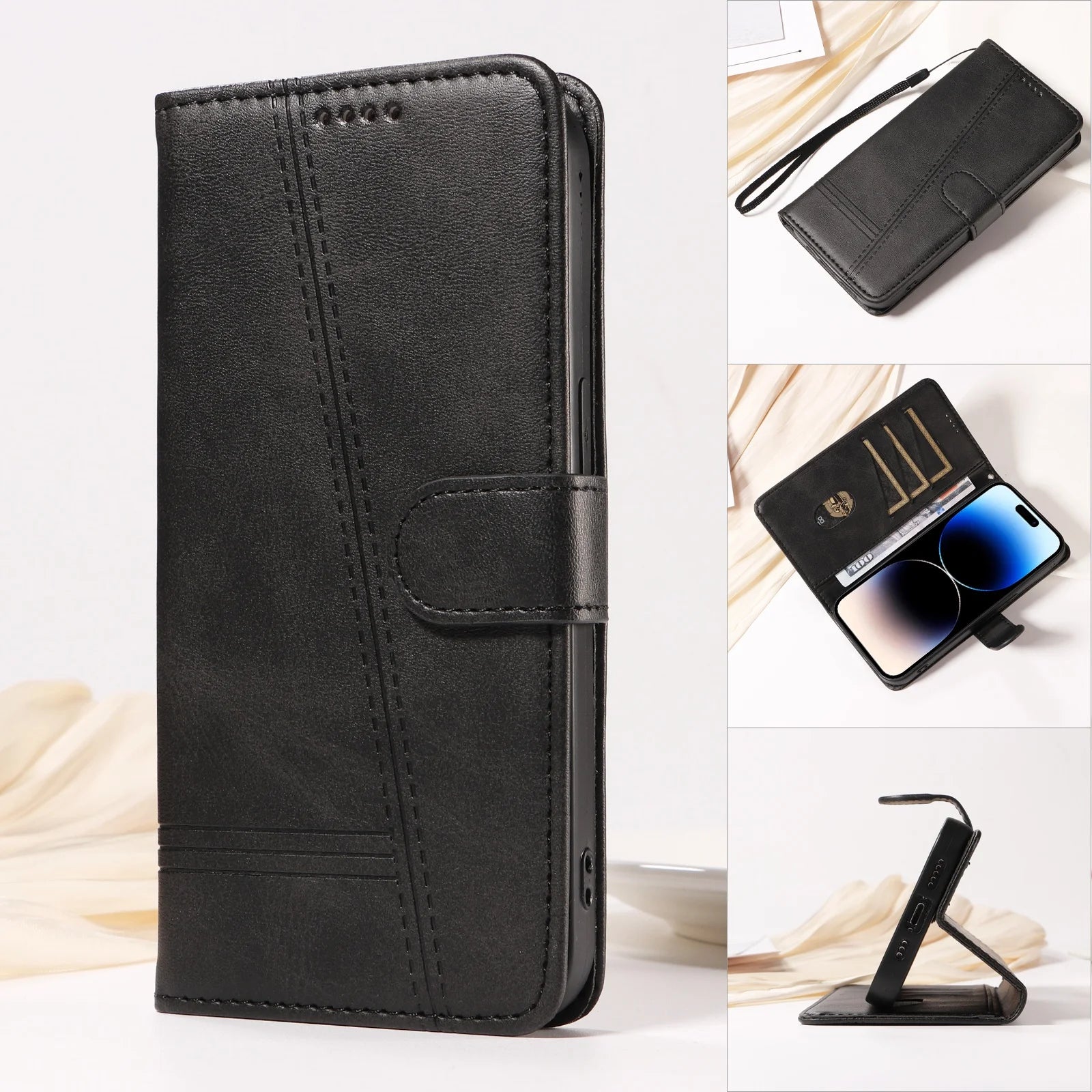 Line Leather Case For iPhone 17 16 15 14 13 12 11 Pro Max Plus Mini Air Phone Case Flip Wallet Card Slot Stand Phone Book Cover