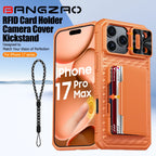With Card Holder Sliding Camera Cover And Stand For iPhone 17 Pro/17 Pro Max Phone Case, Anti-Fall PC+TPU Wallet Case-Orange