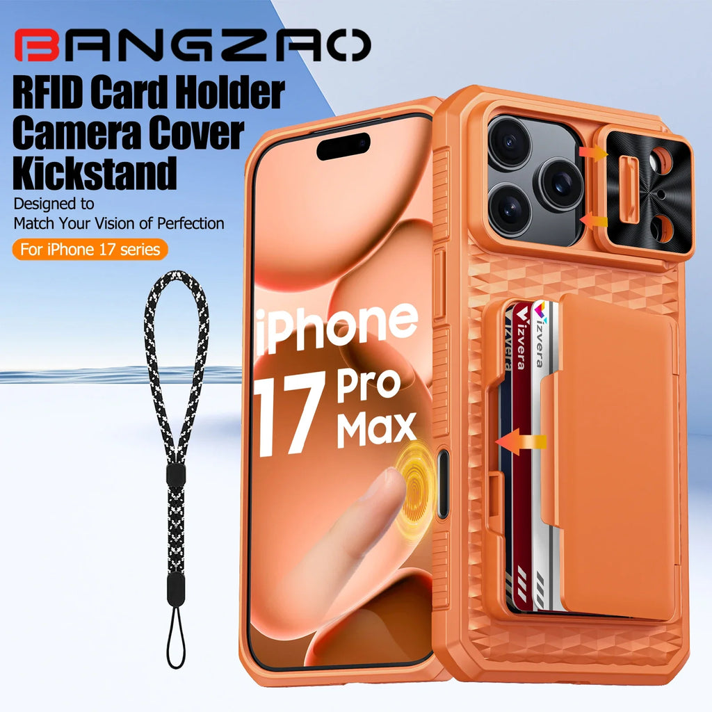 With Card Holder Sliding Camera Cover And Stand For iPhone 17 Pro/17 Pro Max Phone Case, Anti-Fall PC+TPU Wallet Case-Orange