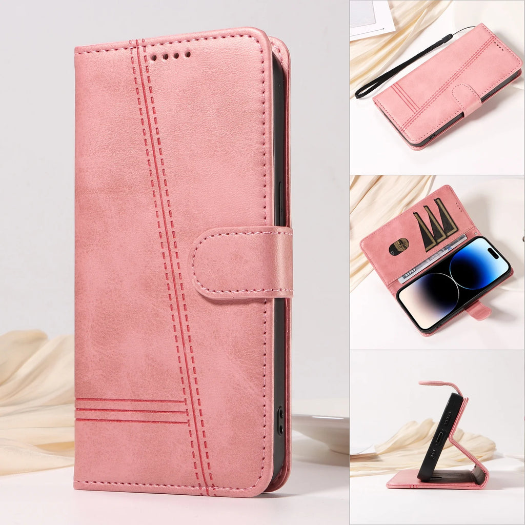 Line Leather Case For iPhone 17 16 15 14 13 12 11 Pro Max Plus Mini Air Phone Case Flip Wallet Card Slot Stand Phone Book Cover