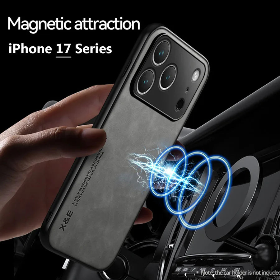 Luxury Magnetic Leather Case for iPhone 15 14 13 12 11 16 17 Pro Max Mini Plus 17Pro iPhone17 Magsafe Cover Support Car Holder
