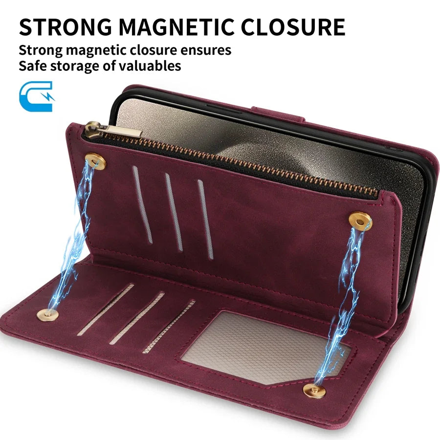 Wallet Multi-card Zipper Kickstand Magnetic Flip Leather Case For iPhone 15 Pro Max 14 Plus 13 Mini 12 11 XS XR SE 2022 8 7 6 6s