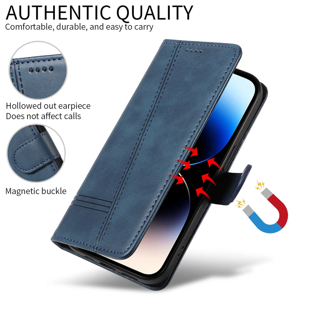 Line Leather Case For iPhone 17 16 15 14 13 12 11 Pro Max Plus Mini Air Phone Case Flip Wallet Card Slot Stand Phone Book Cover